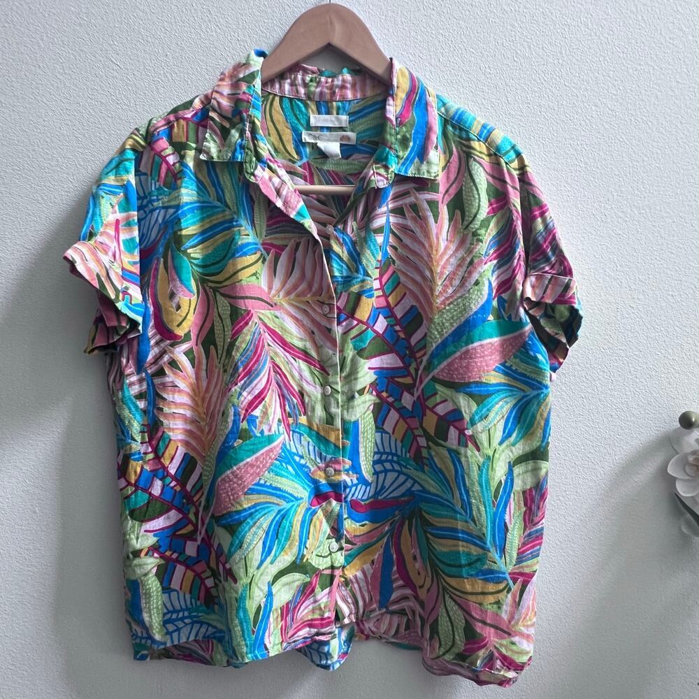 C & C California Button Up 100% Linen Shirt Bright Tropical Loose Fit Women's Lg